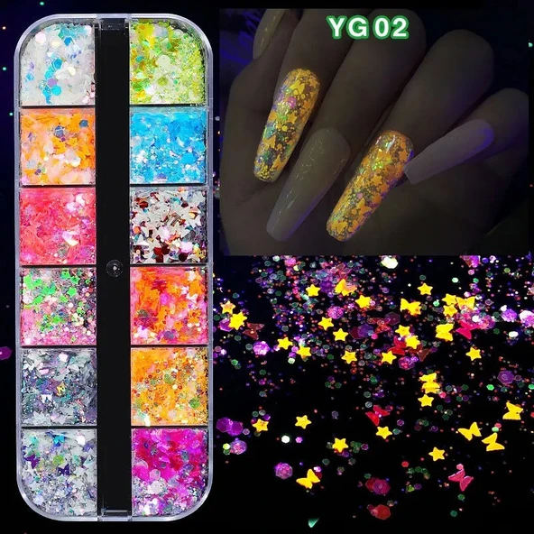 Karanlıkta Parlayan Floresan Tırnak Süsleme Folyo Pulları Kelebekler Yıldızlar Nail Art ürün görseli