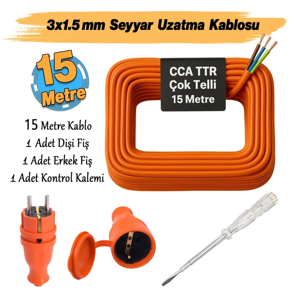Seyyar 15 Metre Uzatma Kablosu TTR CCA Telli 3x1.5 mm Elektrik Kablo Kontrol Kalem Dişi Erkek Fiş - Resim 2