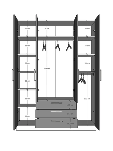 4 Kapaklı Gardırop 160cm  BEYAZ - Resim 4