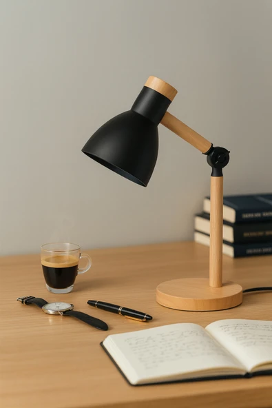 Vivido Home Doğal Ahşap İskandinav Siyah Masa Lambası ürün görseli