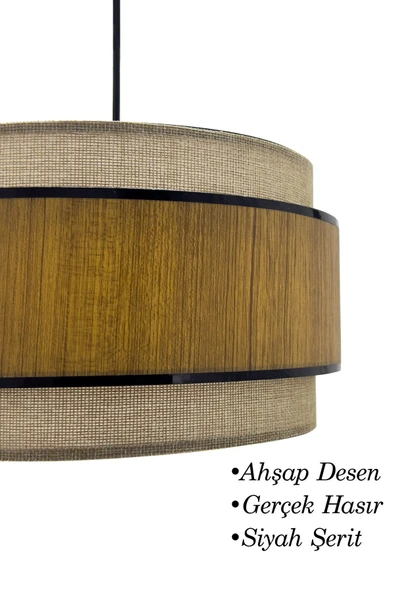 Vivido Home Ahşap Hasır Siyah Şeritli Dopia Sarkıt Avize - Resim 2
