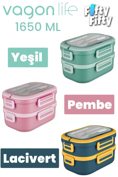 1650 ML İki Kat Üç Bölme Paslanmaz Çelik Lunch Box Yeni Nesil Sefer Tası - Kaşık Ve Çatallı -6715 - 8