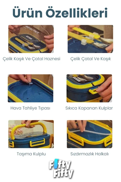 1650 ML İki Kat Üç Bölme Paslanmaz Çelik Lunch Box Yeni Nesil Sefer Tası - Kaşık Ve Çatallı -6715 - 11