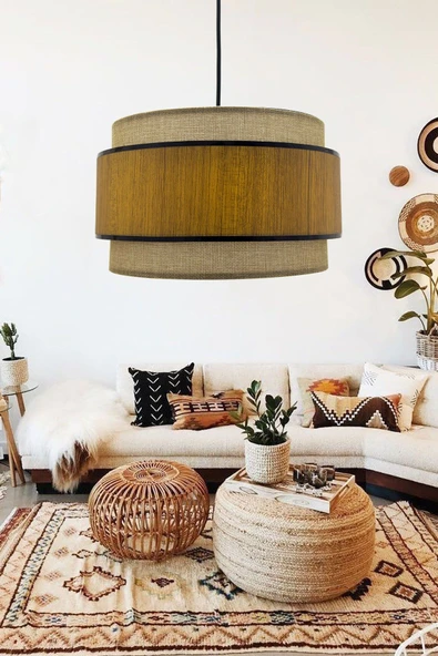 Vivido Home Ahşap Hasır Siyah Şeritli Dopia Sarkıt Avize ürün görseli