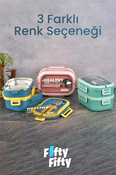 1650 ML İki Kat Üç Bölme Paslanmaz Çelik Lunch Box Yeni Nesil Sefer Tası - Kaşık Ve Çatallı -6715 - 7