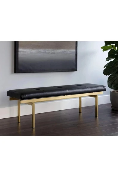 ARİA DEKORATİF YATAK UCU OTURMA BANKI MAKYAJ OTURAĞI SUNİ DERİLİ GOLD METAL AYAKLI PUF BENCH - 2