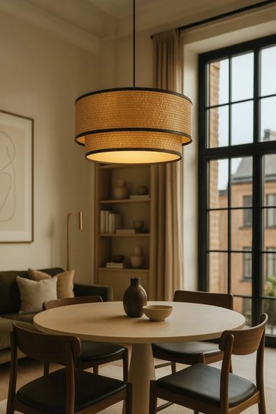 Vivido Home Hasır Avize Sarkıt – Çift Katlı Siyah Şeritli Deko - Resim 2