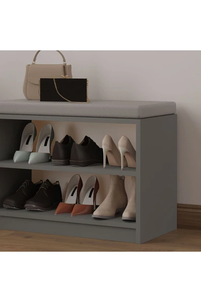 Asra Trend MDF Puflu Ayakkabılık – 2 Raflı, 60 cm, Oturaklı Ayakkabı Düzenleyici, PUF02  KÜL GRİ - Resim 3