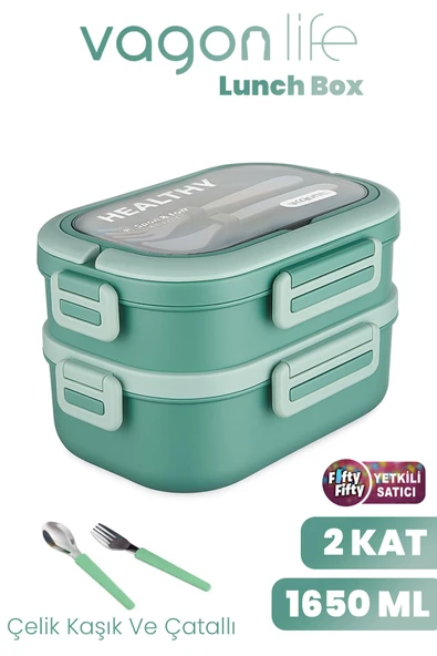 1650 ML İki Kat Üç Bölme Paslanmaz Çelik Lunch Box Yeni Nesil Sefer Tası - Kaşık Ve Çatallı -6715 - 9