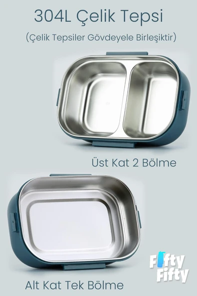 1650 ML İki Kat Üç Bölme Paslanmaz Çelik Lunch Box Yeni Nesil Sefer Tası - Kaşık Ve Çatallı -6715 - 12