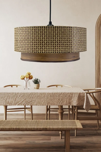 Vivido Home Lina Üçlü Avize & Abajur Seti, Hasır Kahve-Ahşap Desen - Resim 3