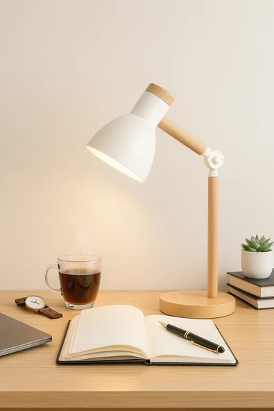 Vivido Home Doğal Ahşap İskandinav Beyaz Masa Lambası ürün görseli