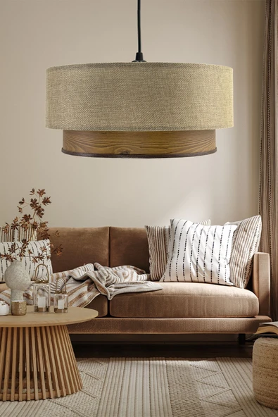 Vivido Home Lina Üçlü Avize & Abajur Seti, Kum Beji-ahşap Desen - Resim 2