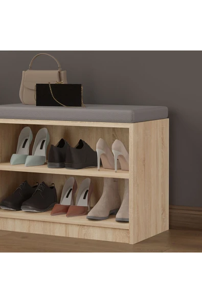 Asra Trend MDF Puflu Ayakkabılık – 2 Raflı, 60 cm, Oturaklı Ayakkabı Düzenleyici, PUF02  SONOMA - Resim 4