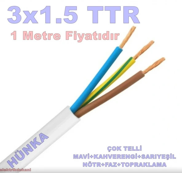 HÜNKA 3x1.5mm TTR Elektrik Kablosu BEYAZ (Çok Telli Esnek Kablo) - 2