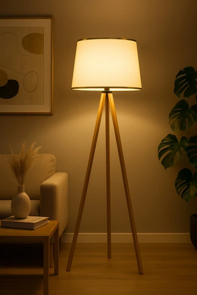 Vivido Home Doğal Krem Gold Şeritli Ahşap Lambader ürün görseli