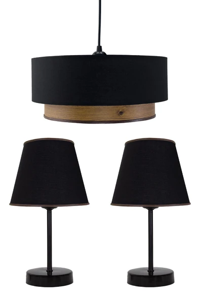 Vivido Home Lina Üçlü Avize & Abajur Seti, Siyah-Ahşap Desen ürün görseli