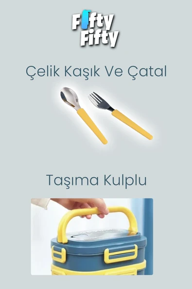 1650 ML İki Kat Üç Bölme Paslanmaz Çelik Lunch Box Yeni Nesil Sefer Tası - Kaşık Ve Çatallı -6715 - 6