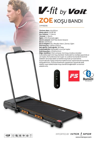 Vfit By Zoe Otomatik Eğimli Uzaktan Kumandalı Bluetooth Uygulamalı Tutma Kollu Katlanabilir Koşu ve Yürüyüş Bandı - Resim 4