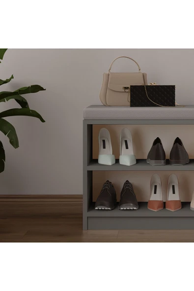 Asra Trend MDF Puflu Ayakkabılık – 2 Raflı, 60 cm, Oturaklı Ayakkabı Düzenleyici, PUF02  KÜL GRİ - Resim 5