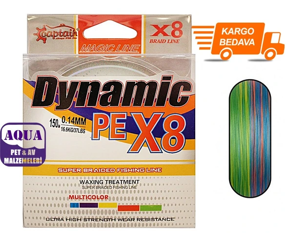 Captain Dynamic Soft PE 8 Örgü Spin İp Misina 150 mt Multi Color - 0.16 mm 150 Metre 17,5 Kg Çekerli Ebruli 8 Kat İp Misina Turna Spin Lrf Misinesi