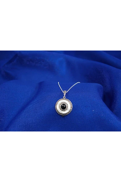 925 Ayar Gümüş Oltu Taşı Yuvarlak Kolye sk0006 - Resim 2