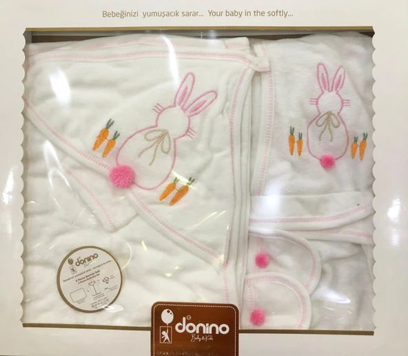 Donino %100 Pamuk 4 Lü Set Nakışlı Bebek Bornoz Seti - Resim 8