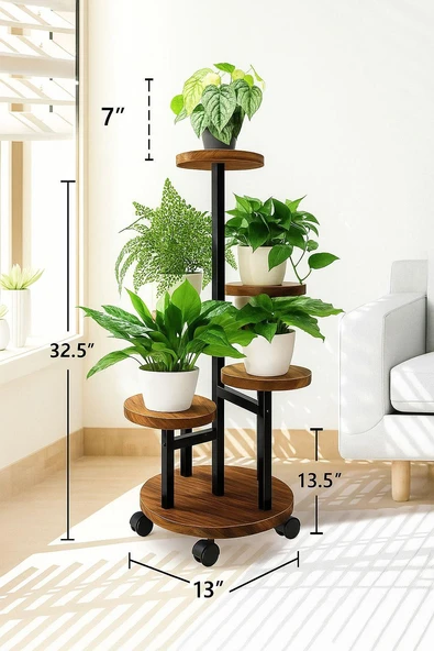 Tekerlekli Metal Çiçeklik 5 Raflı Saksılık Dekoratif 5 Raflı Çiçeklik Metal Doğal Ahşap Saksılık Çiçek Rafı Daire Model - 3