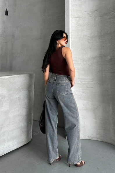 Palazzo bıyık kar yıkama buz mavi jeans pantolon d2008 - 2