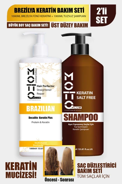 Motto Plus Professional Aşırı Yıpranmış Saçlar İçin Saç Düzleştirici Keratin & Tuzsuz Şampuan 2'li Set BÜYÜK BOY