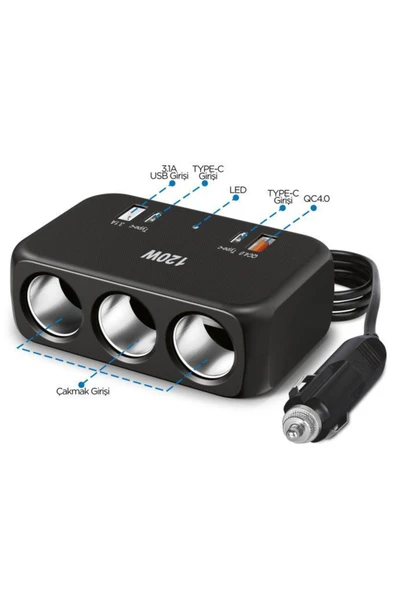 G18 Araç İçi Çakmak Çoklayıcı – 120W, 3 Çakmak Soketi, Type-C & USB Portları - 4