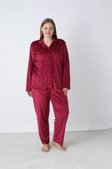 Battal Estiva Puantiyeli Önden Düğmeli Kadife Bayan Pijama Takım - 5