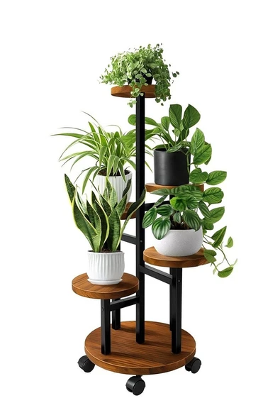 Tekerlekli Metal Çiçeklik 5 Raflı Saksılık Dekoratif 5 Raflı Çiçeklik Metal Doğal Ahşap Saksılık Çiçek Rafı Daire Model