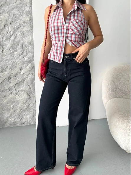 Palazzo süper taş enzim tint yıkama koyu lacivert jeans pantolon d2008 - 4