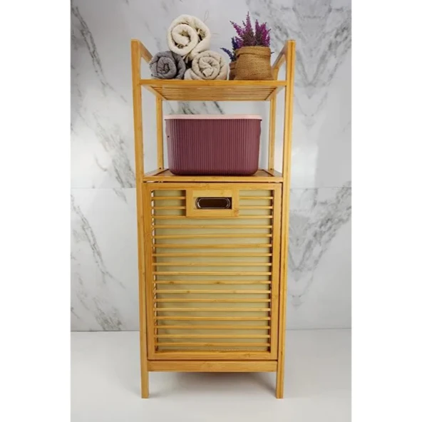 Periboia 2 Organizer Raflı Ahşap Bambu Çek-Aç Kirli Sepeti - Resim 3