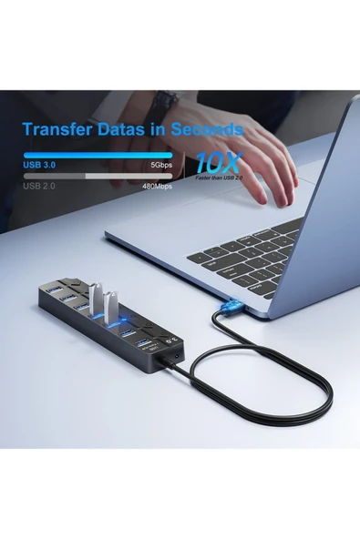 7 Port Usb 3.0 Hub Çoklayıcı Çoğaltıcı Switch Splitter 1.2 Metre Kablo - 3