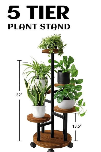 Tekerlekli Metal Çiçeklik 5 Raflı Saksılık Dekoratif 5 Raflı Çiçeklik Metal Doğal Ahşap Saksılık Çiçek Rafı Daire Model - 2