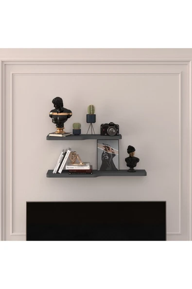 Doğal Modern Organizer Düzenleyici 2'li Kıvrımlı Dekoratif Kitaplık Banyo Mutfak Duvar Rafı  Antrasit ürün görseli
