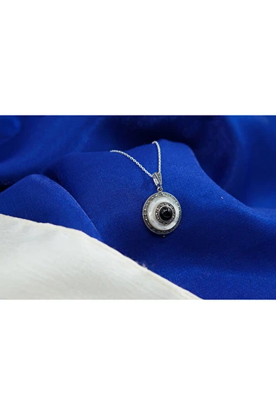 925 Ayar Gümüş Oltu Taşı Yuvarlak Kolye sk0006 - Resim 3