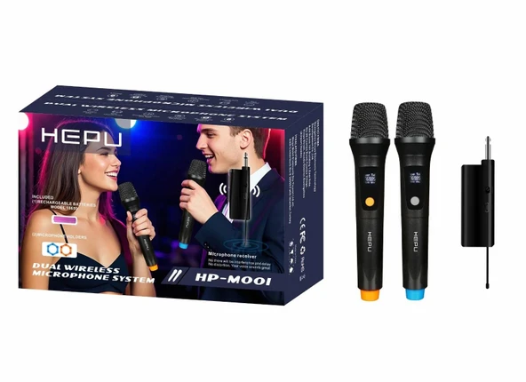 HEPU HP-M001 Çiftli Kablosuz Mikrofon Sistemi – Dijital Ekranlı, Gecikmesiz Ses Aktarımı, Şarjlı Alıcı ile Pratik Kurulum
