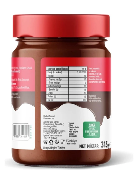 Züber Kakaolu Fındık Ezmesi 315 g Türkiye Menşeli Palm Yağı ve İlave Şeker İçermeyen Doğal - 5