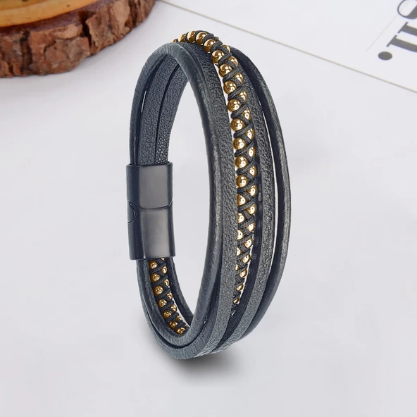 Sarı Hematit Ve Çoklu Deri Bileklik 31834B3D2 - Resim 2