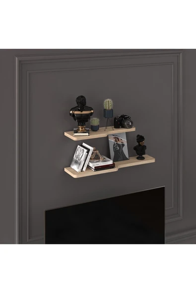 Doğal Modern Organizer Düzenleyici 2'li Kıvrımlı Dekoratif Kitaplık Banyo Mutfak Duvar Rafı  Meşe - Resim 2