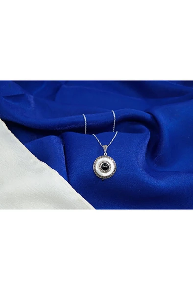 925 Ayar Gümüş Oltu Taşı Yuvarlak Kolye sk0006 - Resim 4