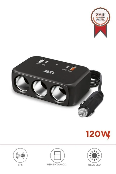 G18 Araç İçi Çakmak Çoklayıcı – 120W, 3 Çakmak Soketi, Type-C & USB Portları - 2