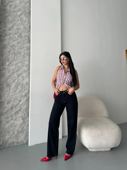 Palazzo süper taş enzim tint yıkama koyu lacivert jeans pantolon d2008 - 2