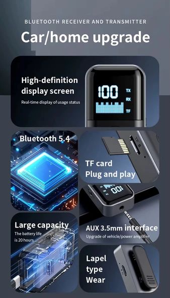 M20 Bluetooth 5.4 Alıcı Verici: Kablosuz Ses Devrimi (10m Menzil, TF Kart, AUX) - 4