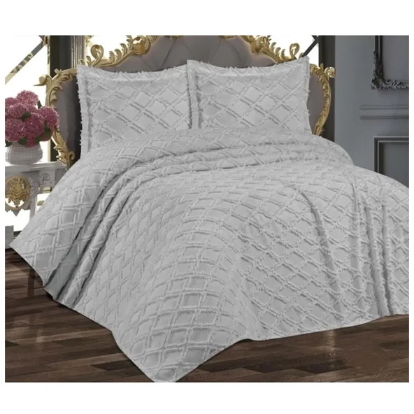 Prestij Puffy Yakut 3 Parça Çift Kişilik Yatak Örtüsü, Pike Örtüsü (250x260)-Gri