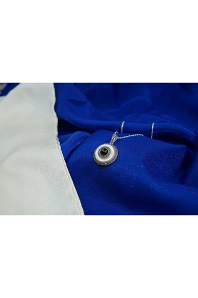 925 Ayar Gümüş Oltu Taşı Yuvarlak Kolye sk0006 - Resim 6