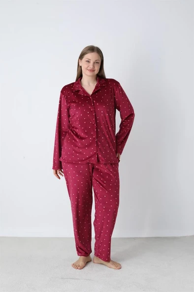 Battal Estiva Puantiyeli Önden Düğmeli Kadife Bayan Pijama Takım - 8